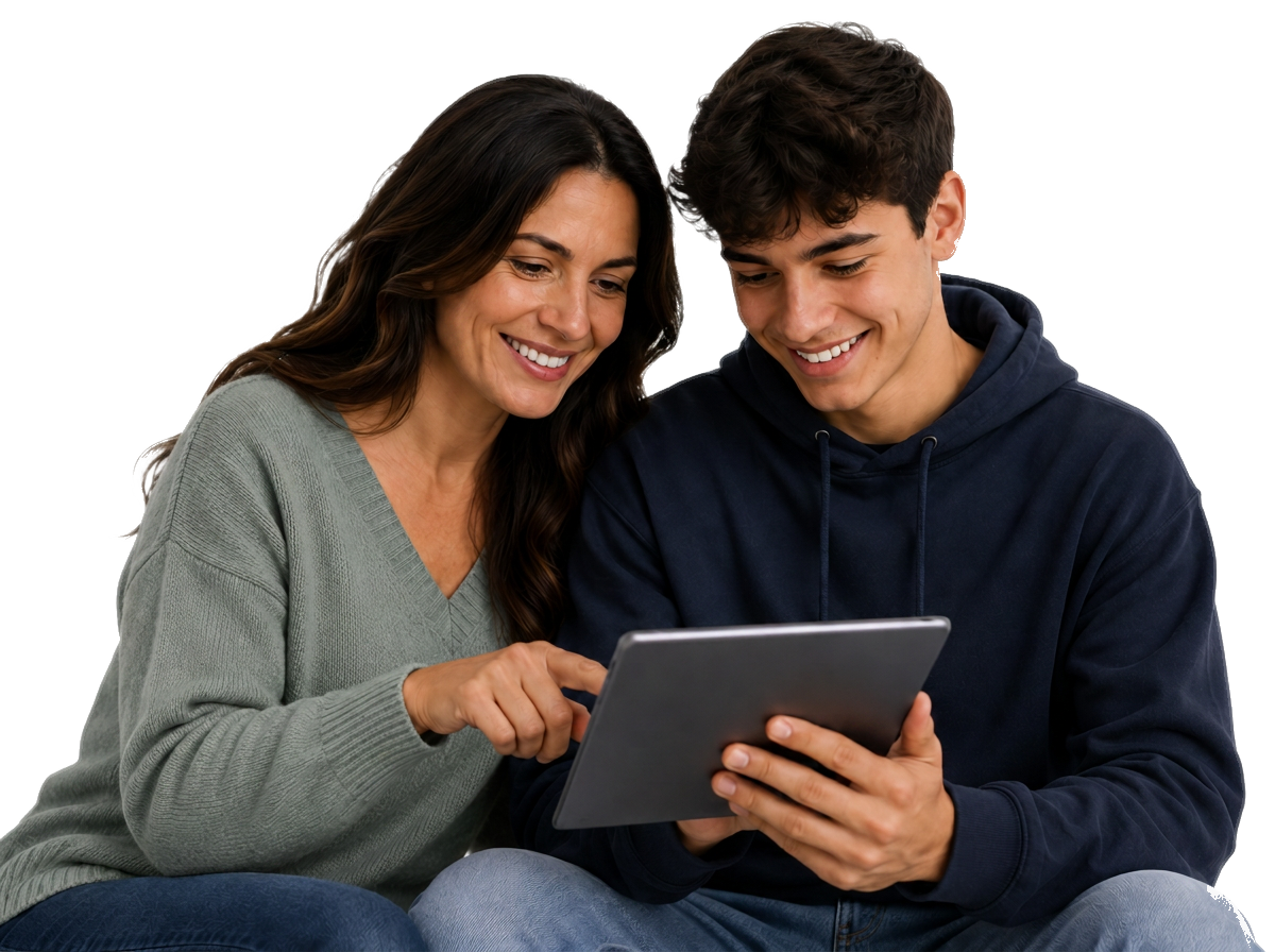 Madre e hijo mirando juntos una tablet